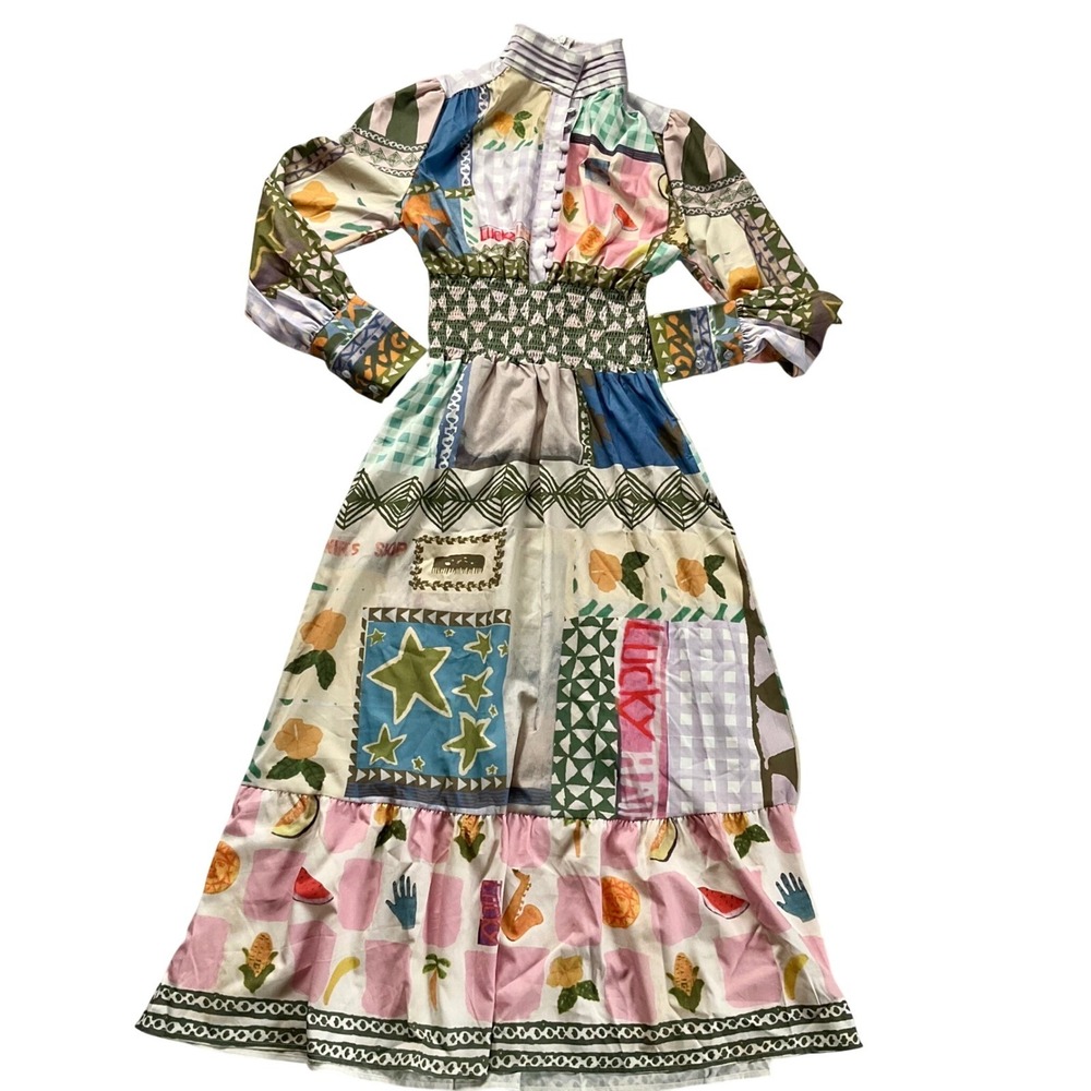 Women's Multi-Color Patchwork Maxi Dress - Long Sleeve - Picture 3 of 16